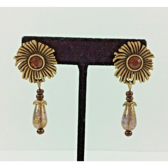 Chico's Dangle Earrings Floral Gold Tone Bead Drop